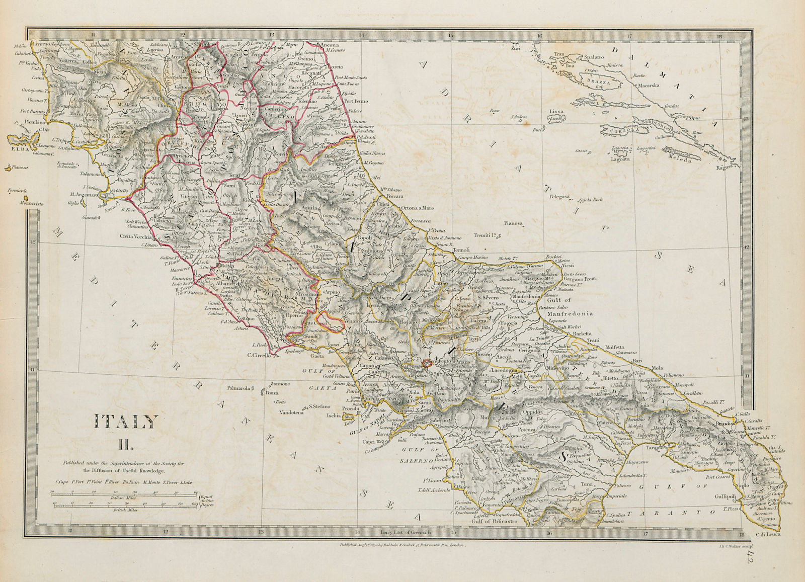 SOUTHERN ITALY Papal States Naples Tuscany Original hand colour SDUK 1844 map